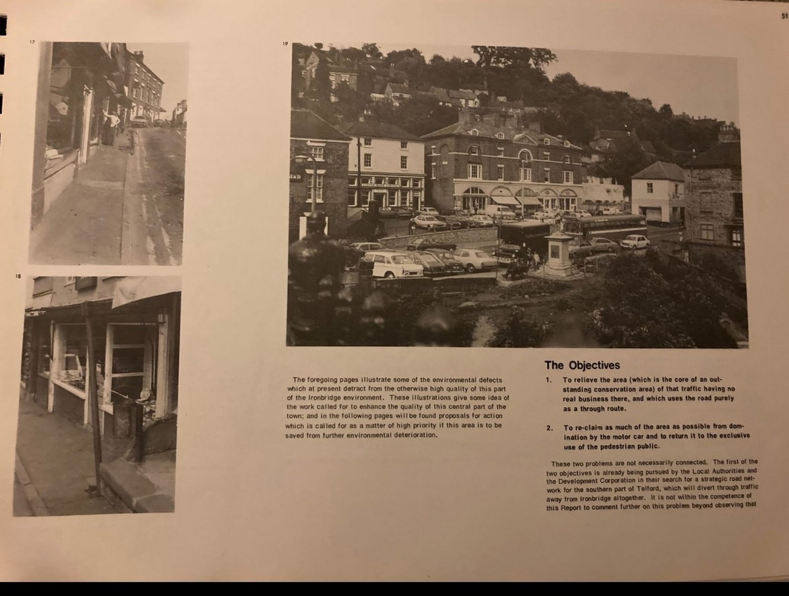 The Objectives page of the 1975 report, illustrated with the Square packed tight with cars and buses below the Tontine. The planners chose that photograph deliberately: it was the argument, printed alongside the words. 1975.