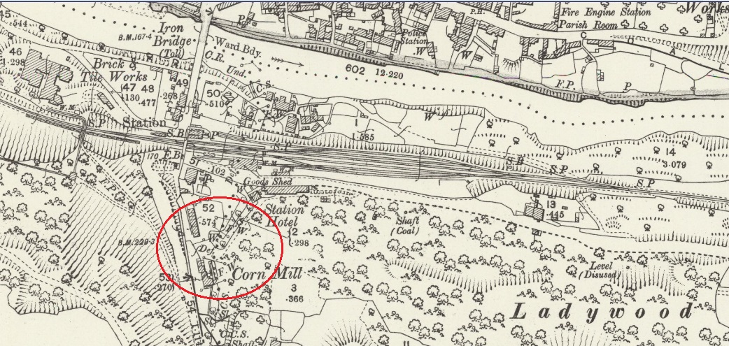 An Ordnance Survey map with the Corn Mill circled on Benthall Bank, below the station and the Iron Bridge.