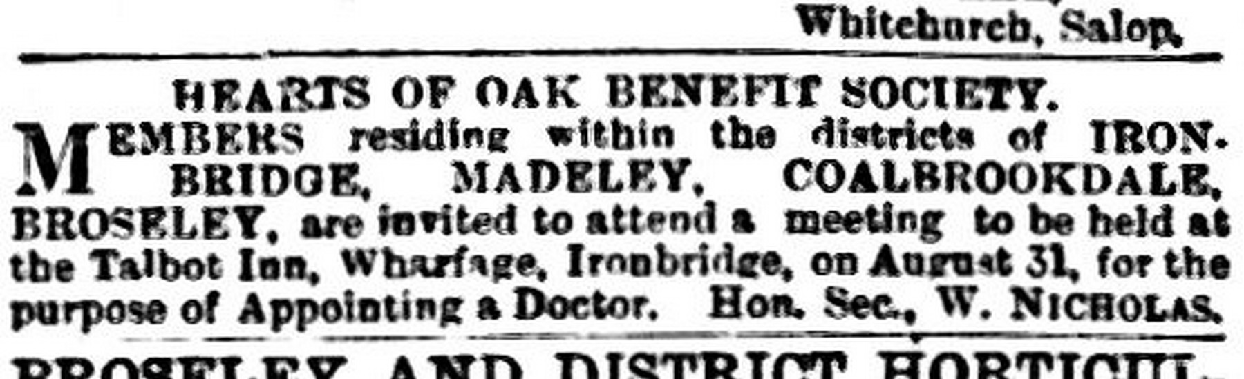 Hearts of Oak Benefit Society notice: members from four districts invited to the Talbot Inn, Wharfage, on August 31 to appoint a doctor.