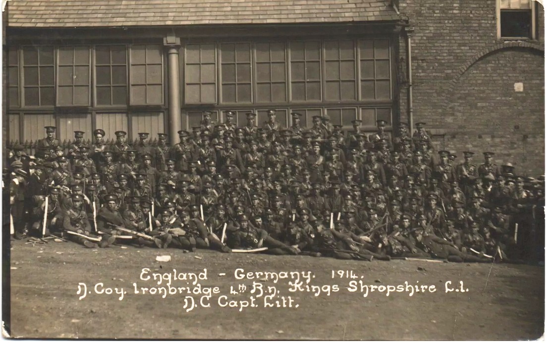“England – Germany. 1914. D. Coy Ironbridge, 4th Bn King's Shropshire Light Infantry” reads the original caption on this 1914 photograph of the Ironbridge company at the outbreak of the First World War. The railway would soon carry men exactly like these away from the Gorge, many never to return.