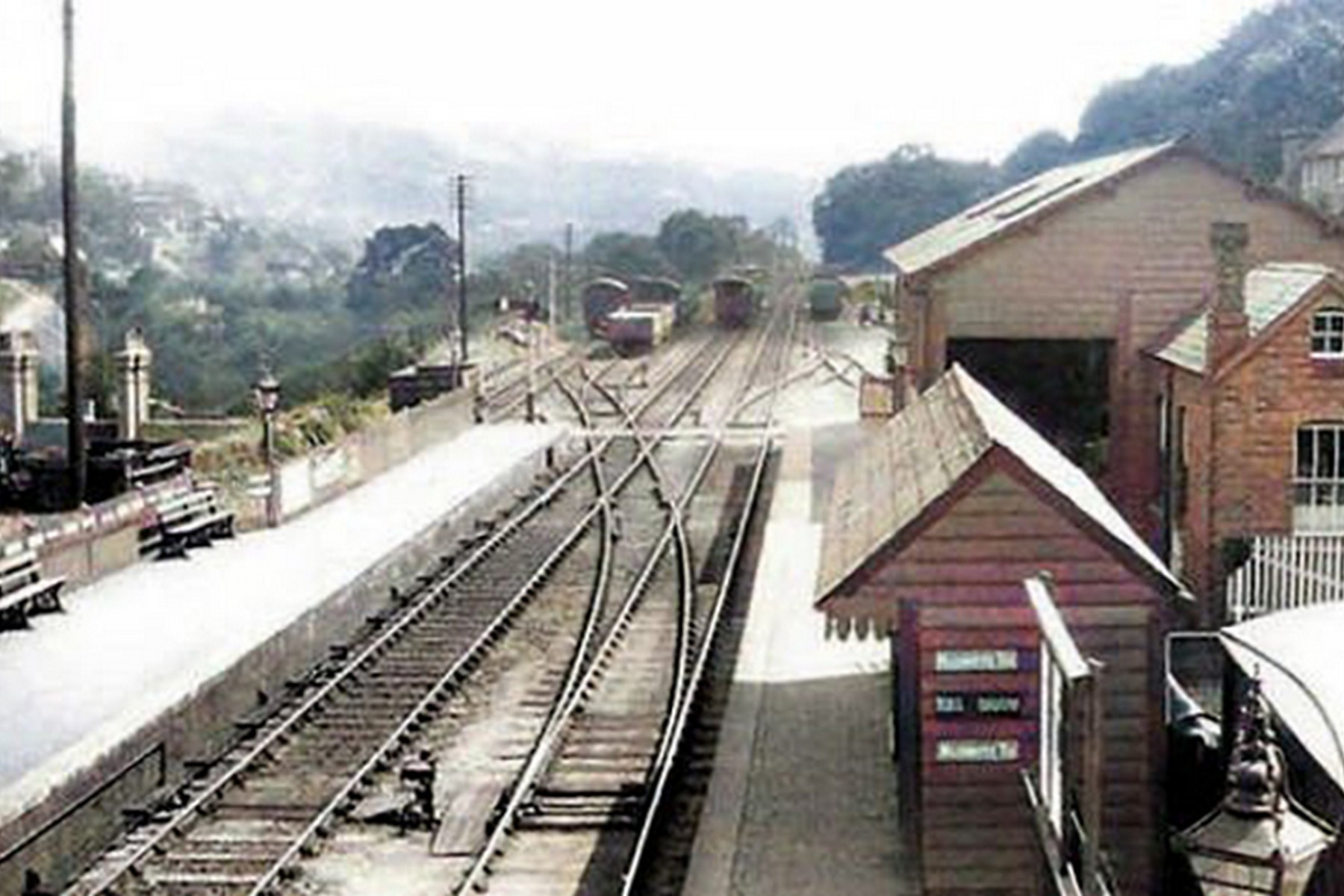 Looking down over the platforms, pointwork, sidings and goods shed in this undated photograph from the station's later years, the full track layout is laid bare in a way the old survey maps could only hint at. It remains the clearest single image of how the whole site actually worked.