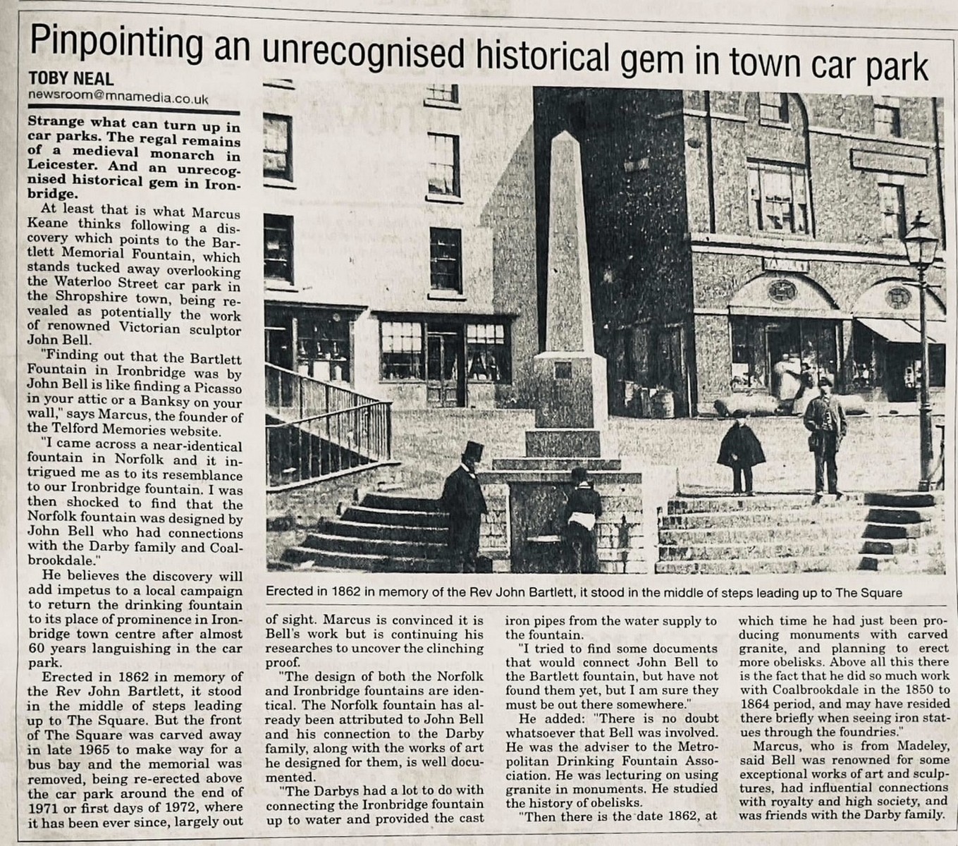 Newspaper cutting about the Bartlett fountain