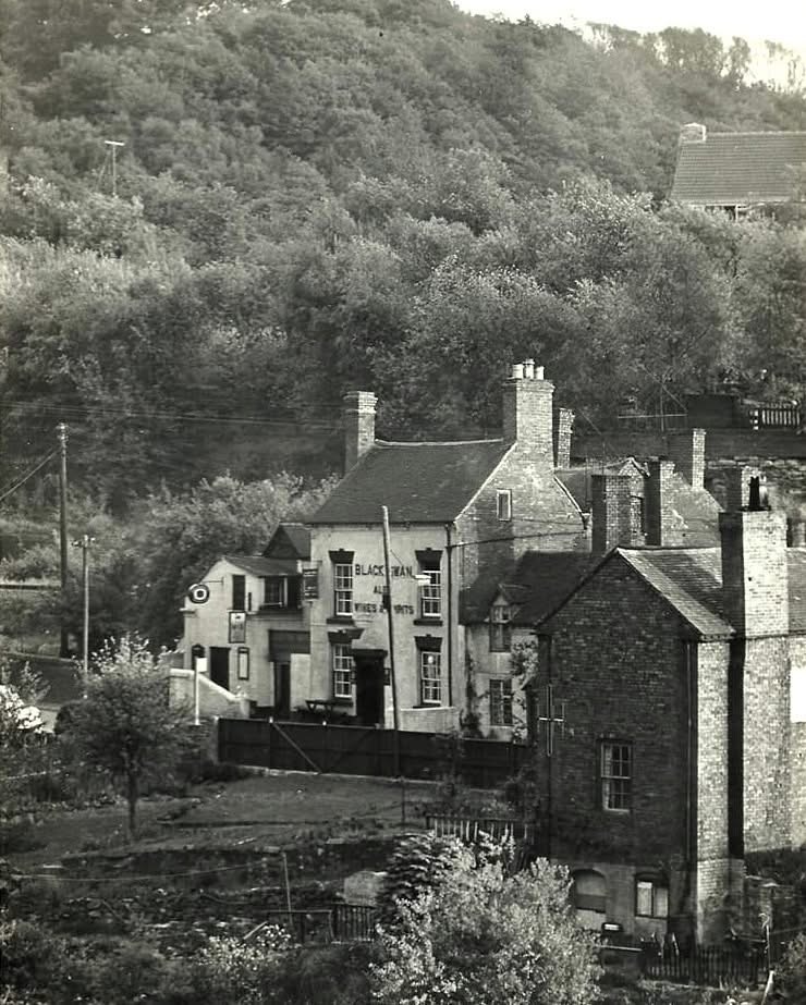 The Black Swan at Jackfield, with the painted sign and 'Ale, Wines & Spirits' lettering on the gable, set against the wooded hillside.