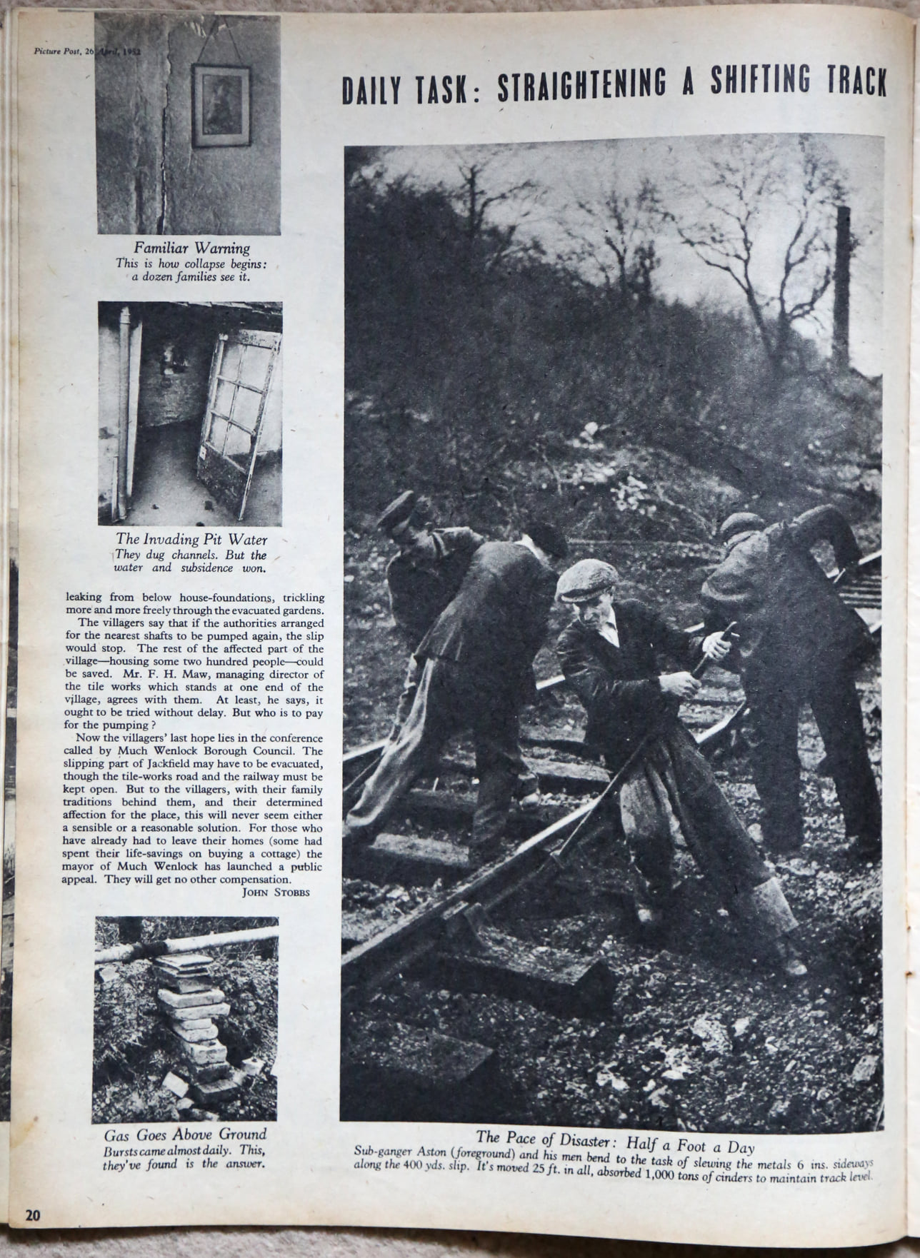 Picture Post, 26 April 1952: sub-ganger Aston and his men slewing the metals six inches sideways along the 400-yard slip.