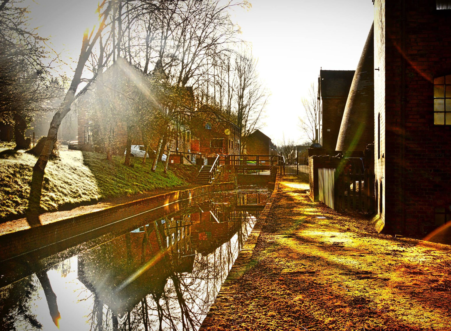 Winter sunlight reflected in the canal beside the China Works
