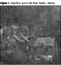 Captioned “view from across the River Severn — before”, this early-1990s survey photograph shows the toll house and its outbuildings in a genuinely derelict state. Notice the collapsing roofs and failing brickwork: by this point the building had been officially declared at risk, setting in motion the rescue that followed.