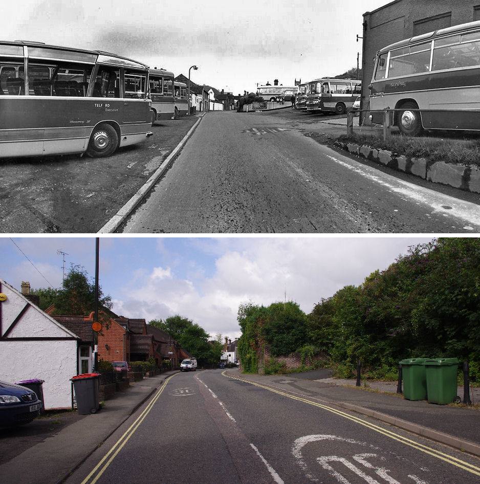 Then and now — buses on the old street, and the same view after the road changes