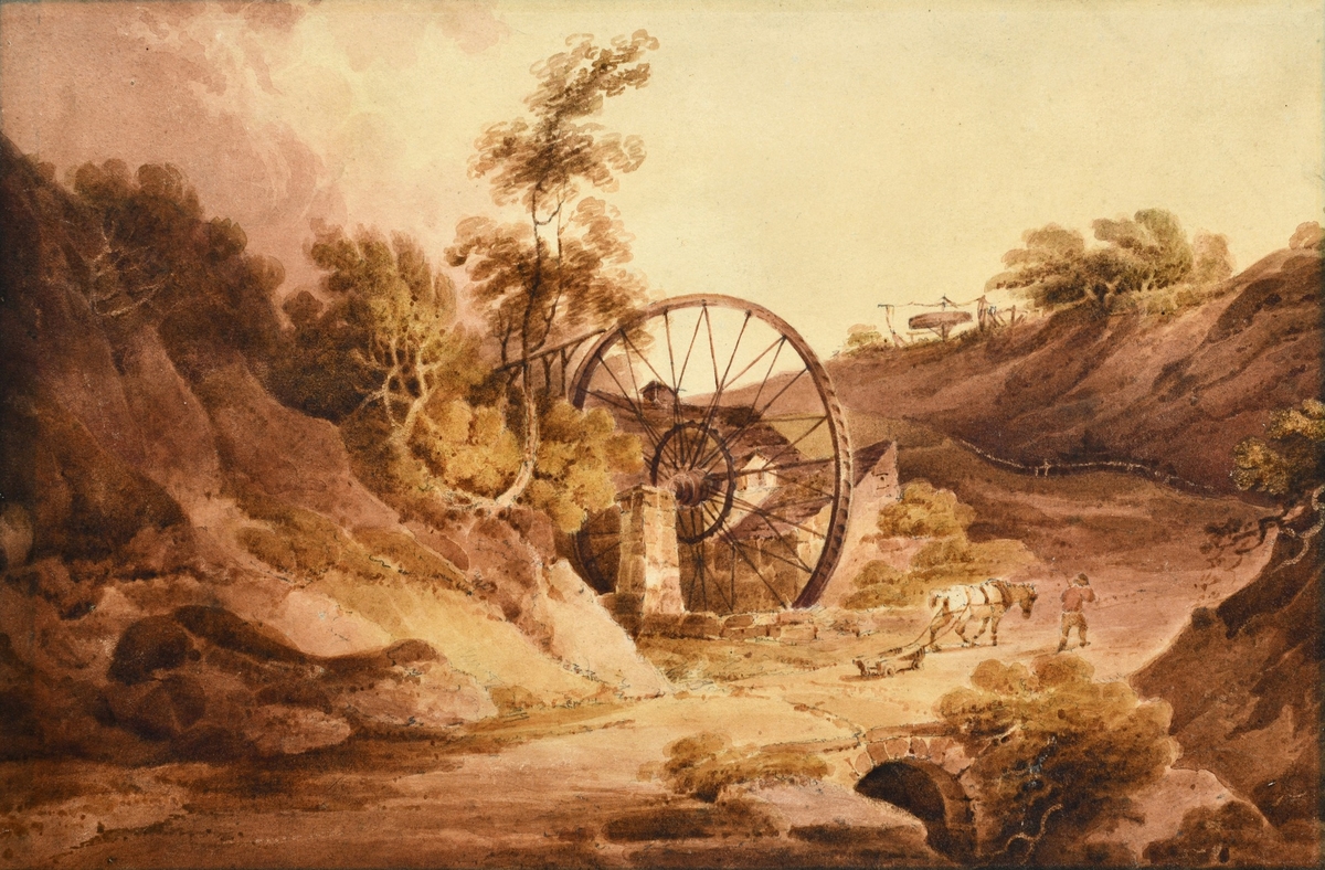 Paul Sandby Munn's 1802 painting of the mill and its great wheel on Benthall Bank.