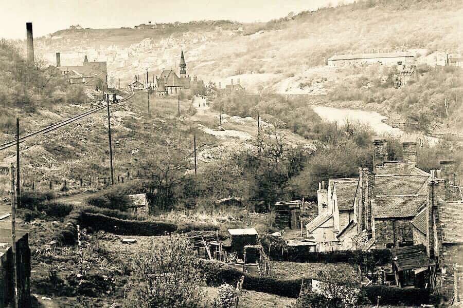 Jackfield seen from the hillside, the church and tile works above the river, before the worst of the movement.