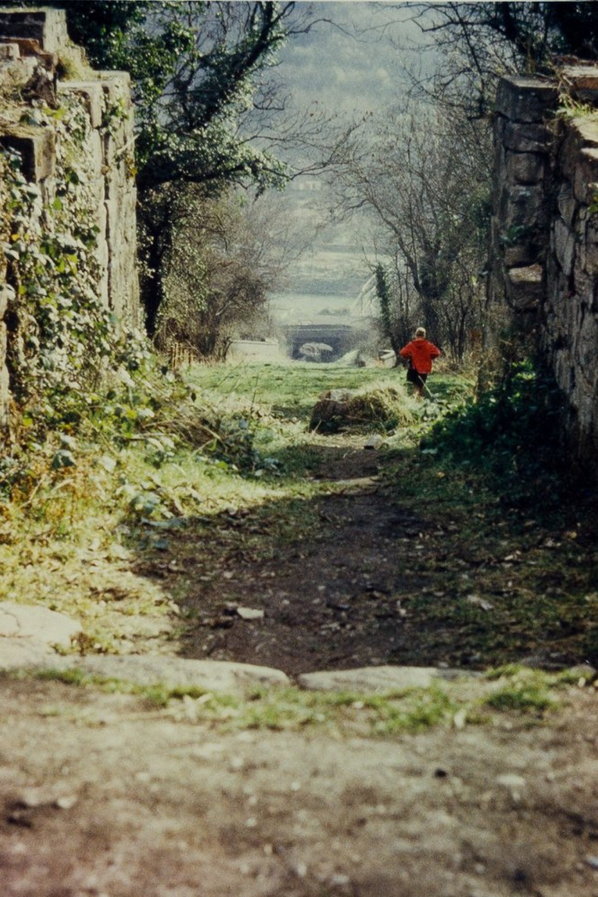 Today's view down the grassed slope, framed by stone ruins, towards the valley bridge below. The scale of the drop is only obvious once you stand at the top and look down — a useful reminder that this gentle-looking walk was once a working industrial gradient carrying loaded boats.
