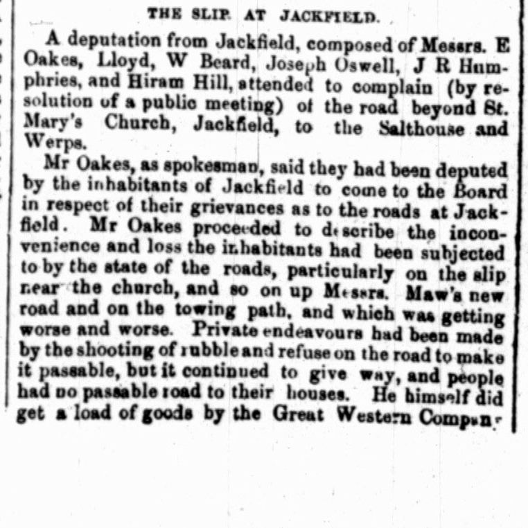Ironbridge Weekly Journal, 5 March 1881: a deputation complains of the road beyond St Mary's Church towards the Salthouse and Werps.