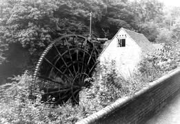 The wheel and mill in a later photograph, with plants growing up around them.