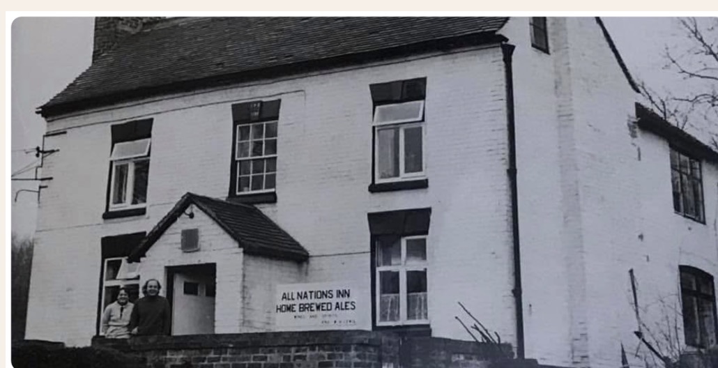 The All Nations Inn, Madeley Wood, with its 'Home Brewed Ales' sign and the licensee and family in the doorway.