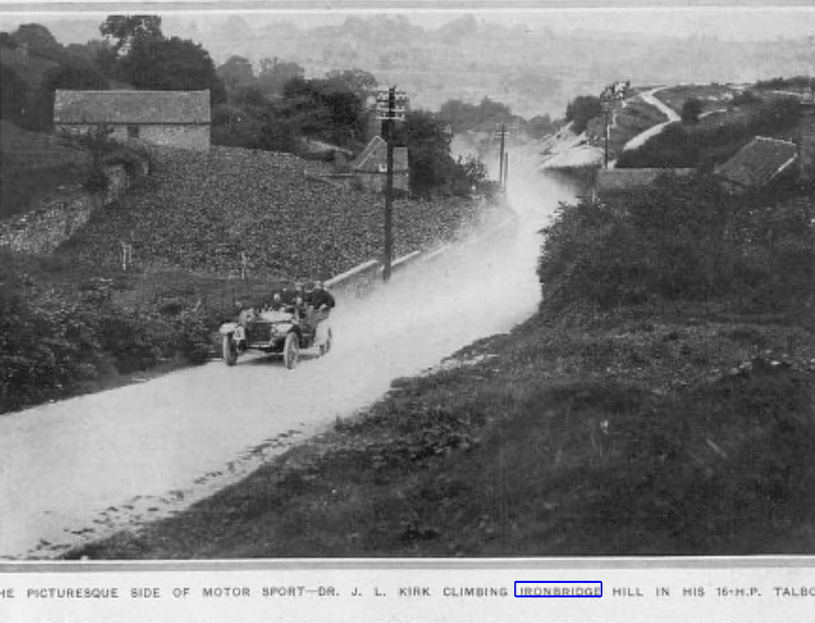 Dr J. L. Kirk climbing Ironbridge Hill in his 16-horsepower Talbot in September 1910