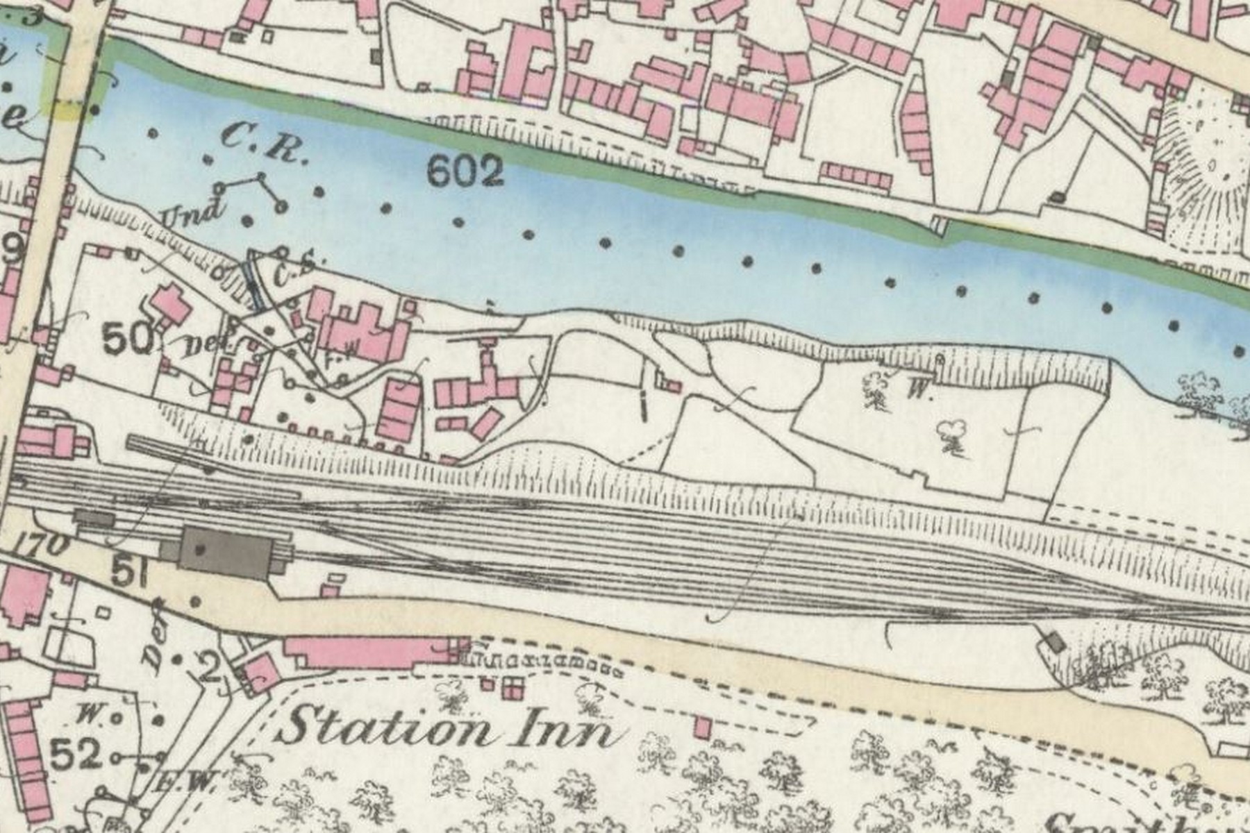 This colour-tinted Ordnance Survey extract, drawn up sometime in the late Victorian or Edwardian years, plots the station, the River Severn and the line threading through the Gorge. Trace the route with your eye and you'll see just how little room the surveyors had to work with, the railway hemmed in on both sides.