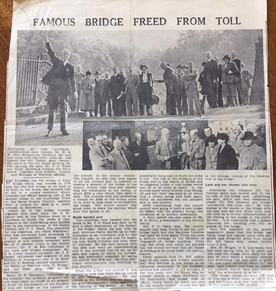 The local newspaper records the day the Iron Bridge was freed from toll in October 1950.