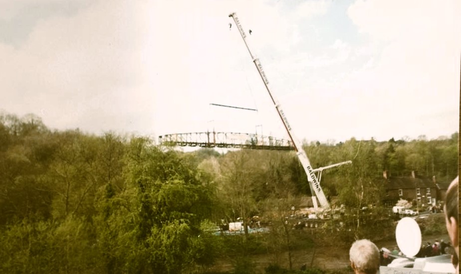April 2000: the span lifted out by crane for refurbishment.