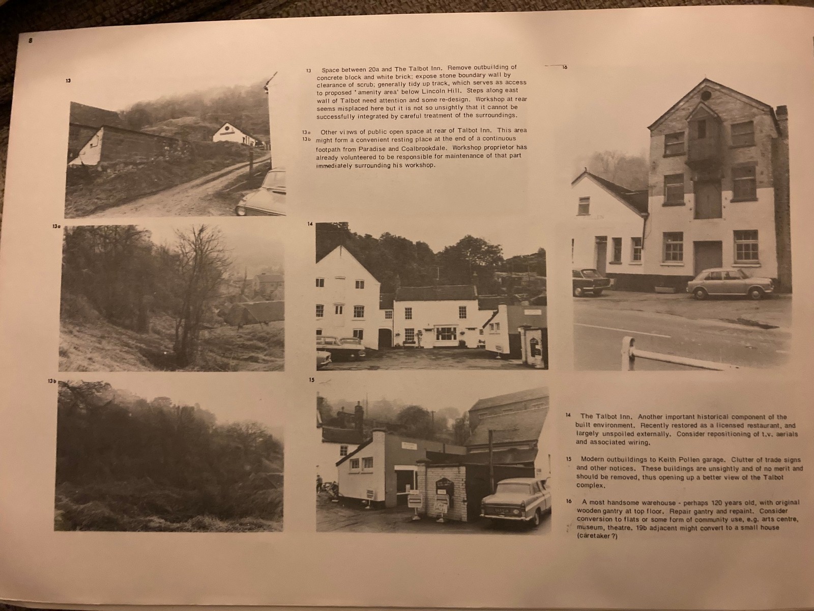A page from the conservation report on this stretch of the Wharfage, with numbered notes on the Talbot Inn, the garage buildings and the tall warehouse.
