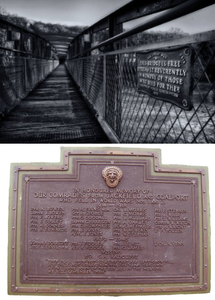 The memorial tablet at the Coalport end, naming the men of Jackfield and Coalport who fell in both World Wars, with the dedication plate beyond on the handrail.