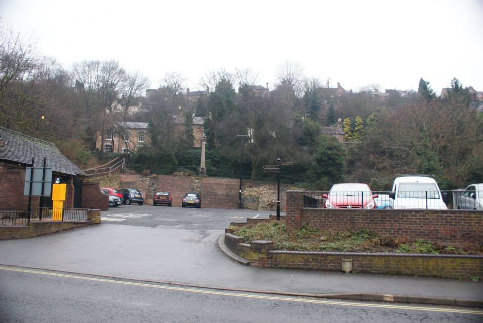 Car parking and the Bartlett fountain ground on the cleared land — the fountain was moved from The Square