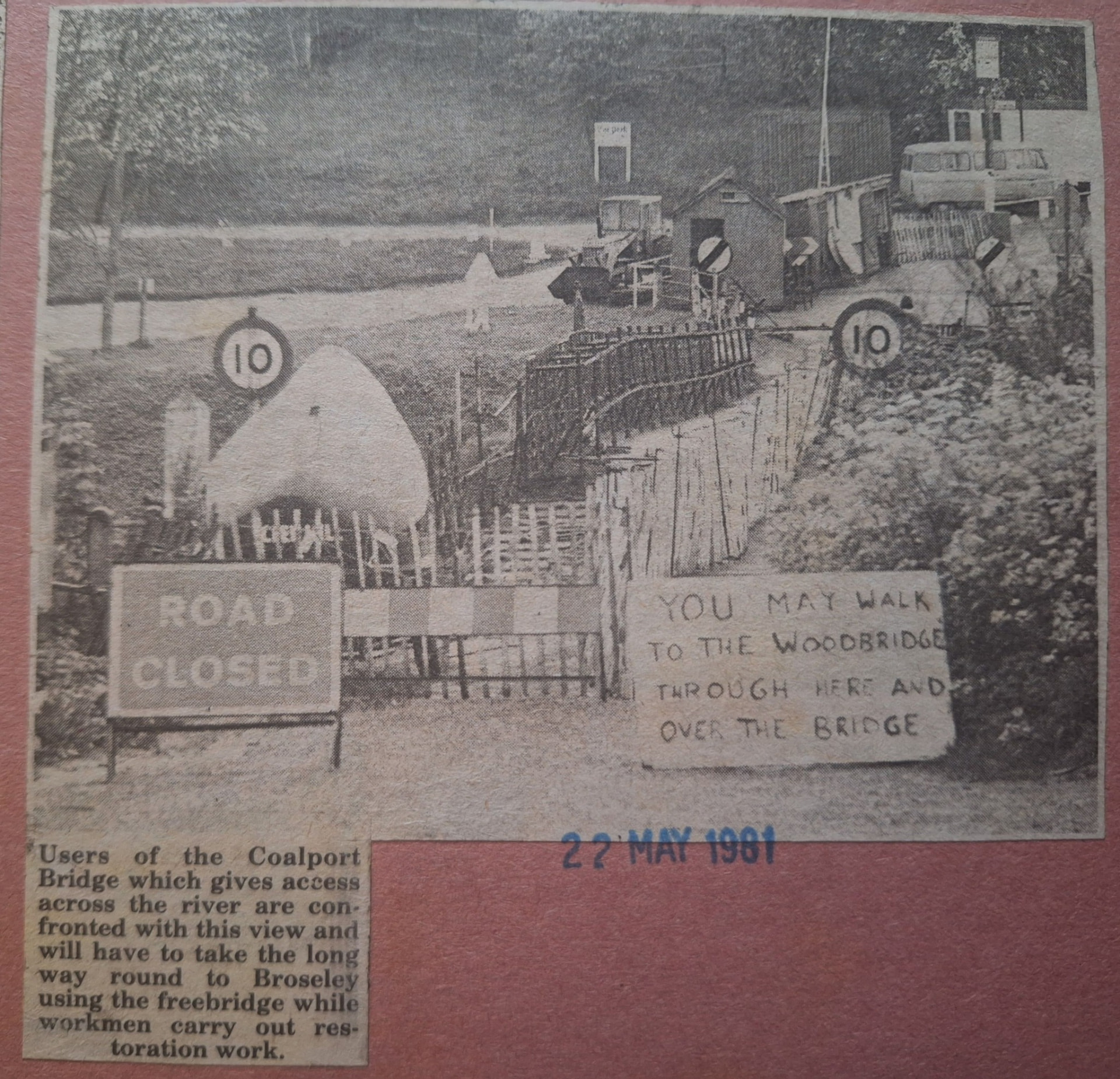 A hand-lettered sign reads “road closed — you may walk to the Woodbridge through here and over the bridge”, photographed on 22 May 1961. Guniting repair work had shut the bridge entirely to vehicles that spring, and pedestrians could only be squeezed past the works on foot, a rare full closure in the bridge's history.