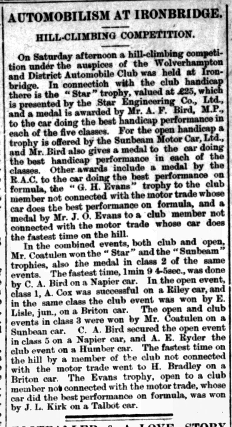 Bridgnorth Journal report of the Ironbridge hill-climbing competition