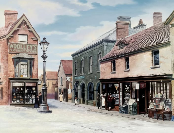 Woolley's Cloth & Pot Stores and its neighbouring shops, from a painted view of the street
