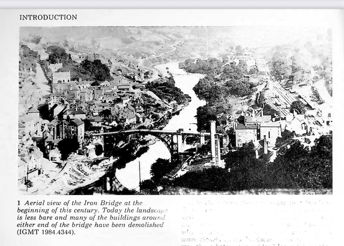 Aerial view of the Iron Bridge at the beginning of this century. Many of the buildings around either end of the bridge have been demolished (IGMT 1984.4344).