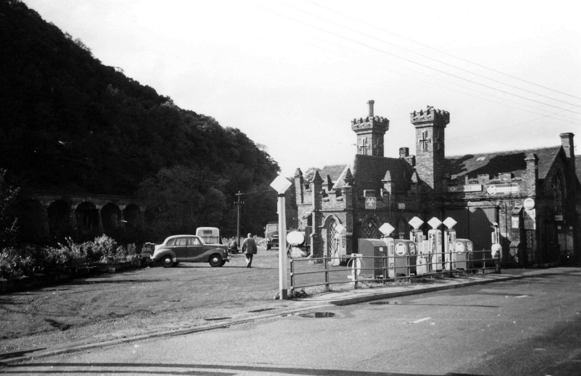 Petrol pumps on the forecourt, looking along The Wharfage