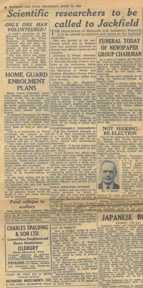 Express & Star, 24 April 1952: the Department of Scientific and Industrial Research was asked to examine and report on the landslide after a conference at Broseley town hall.