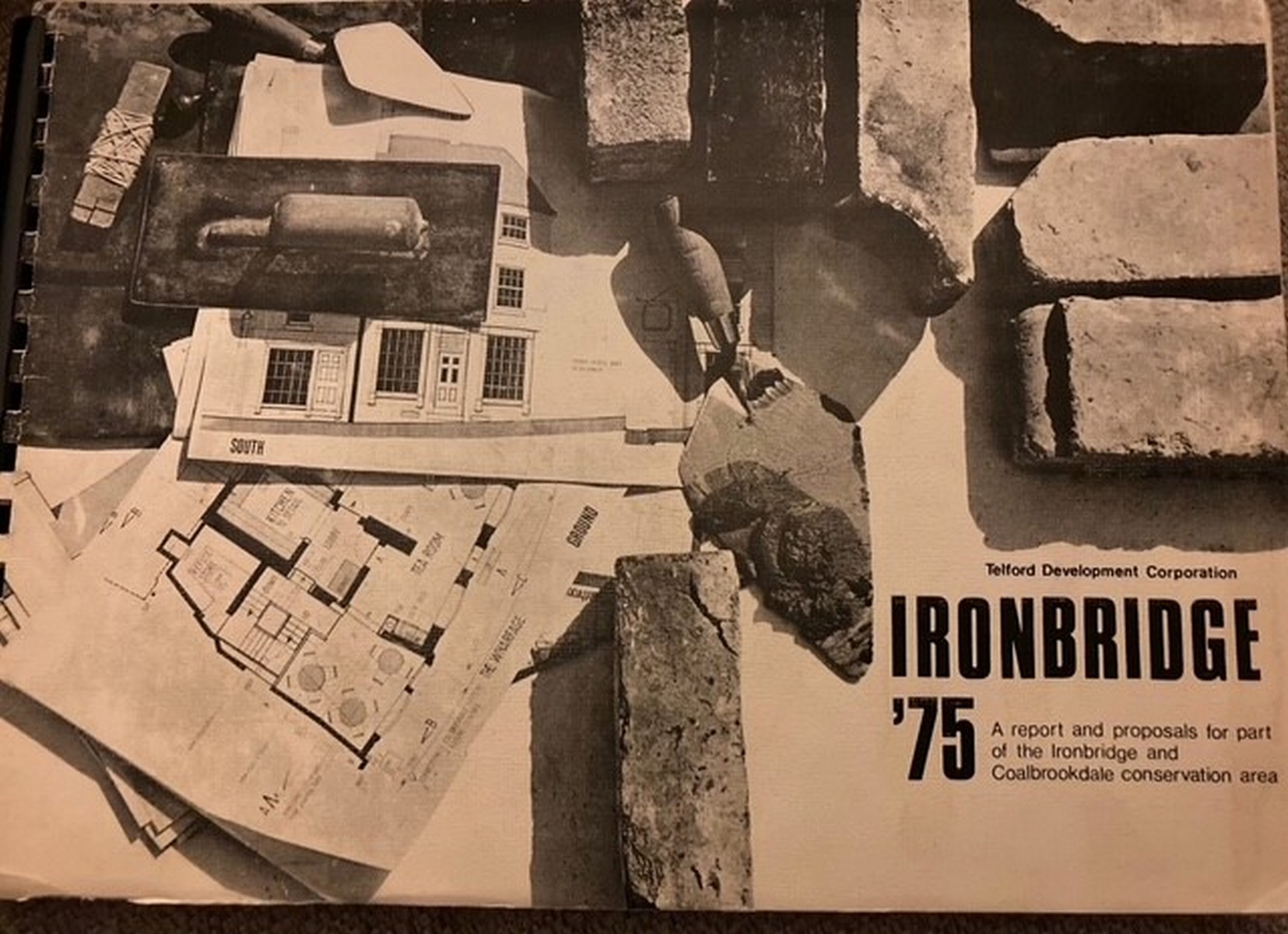 "Ironbridge '75", Telford Development Corporation's report and proposals for the conservation area. A modest-looking document, but it set the direction for everything that followed — including the removal of the buses from the Square. 1975.