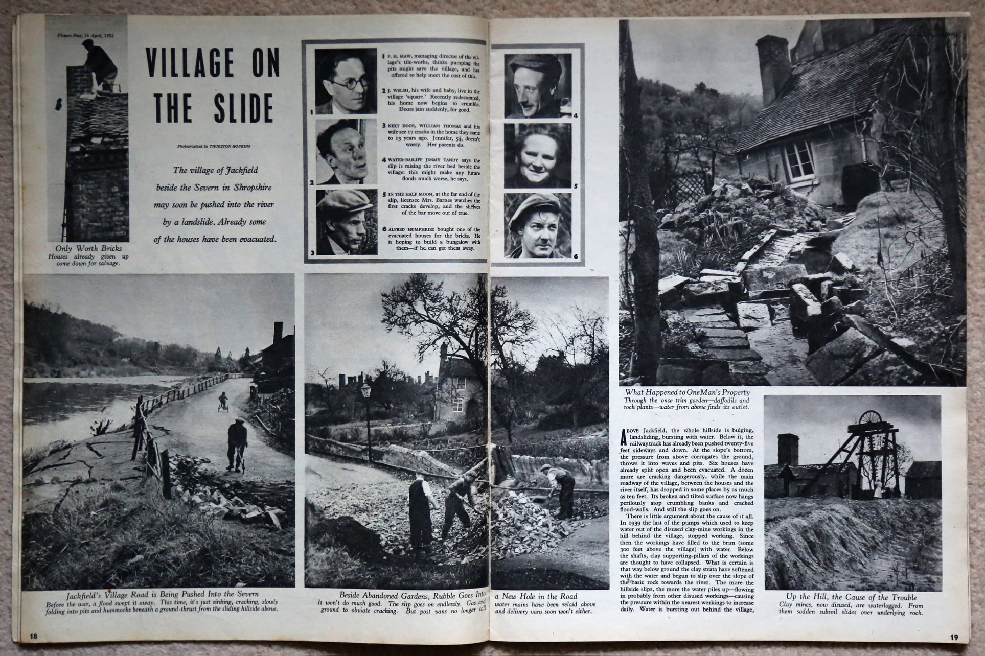 The opening spread of 'Village on the Slide', photographed by Thurston Hopkins, Picture Post, 26 April 1952.