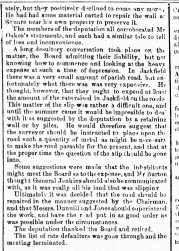 Ironbridge Weekly Journal, 5 March 1881: the Board admitted liability but baulked at the expense of a retaining wall or piles.