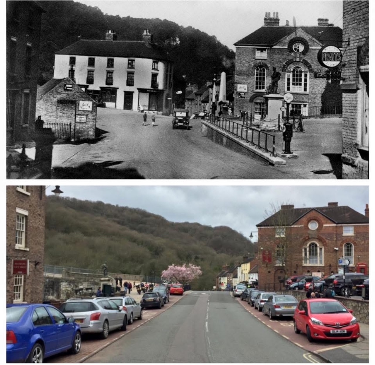 Looking along the road past the memorial, then and now