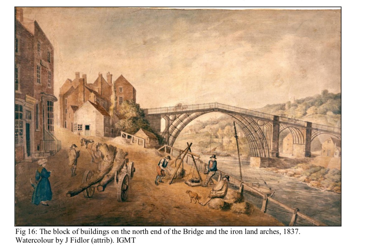 The block of buildings on the north end of the Bridge and the iron land arches, 1837. Watercolour by J Fidlor (attrib). IGMT