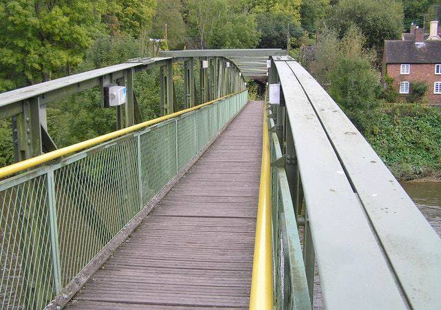 The refurbished deck looking towards Coalport: timber boards, green lattice sides and the yellow handrail added in 2000.