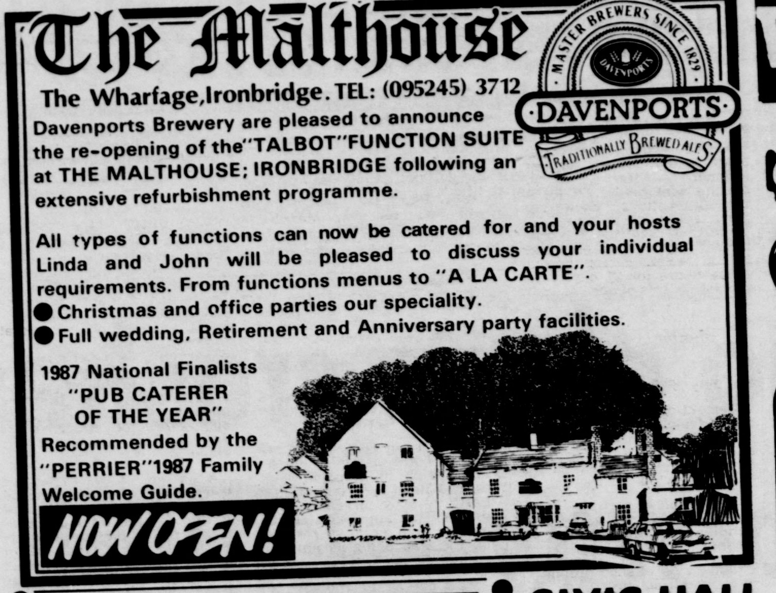 Davenports Brewery announce the re-opening of the “Talbot” Function Suite at The Malthouse after refurbishment, hosts Linda and John; 1987 national finalists, Pub Caterer of the Year.