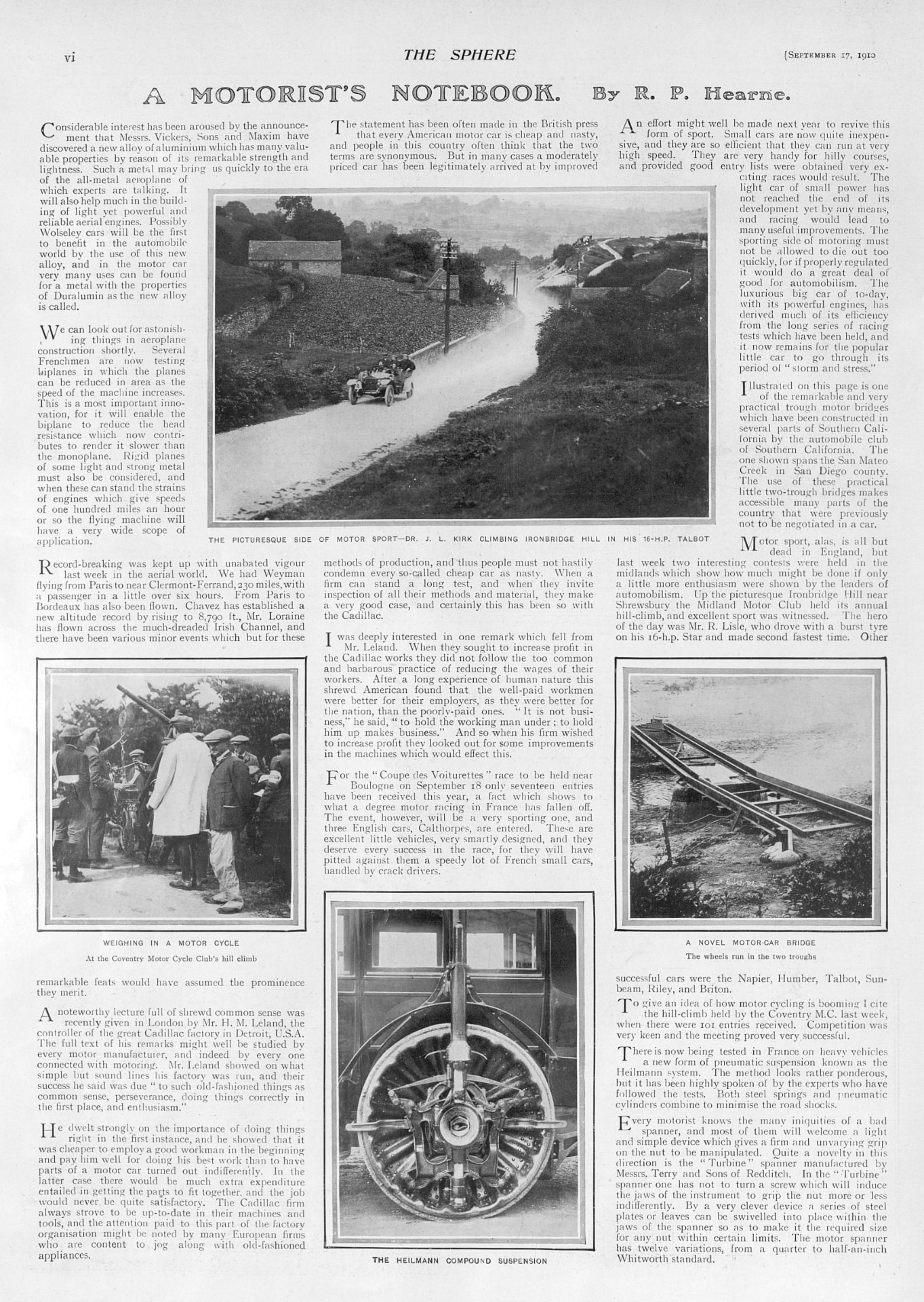 Full page from The Sphere dated 17 September 1910 featuring the Ironbridge hill climb