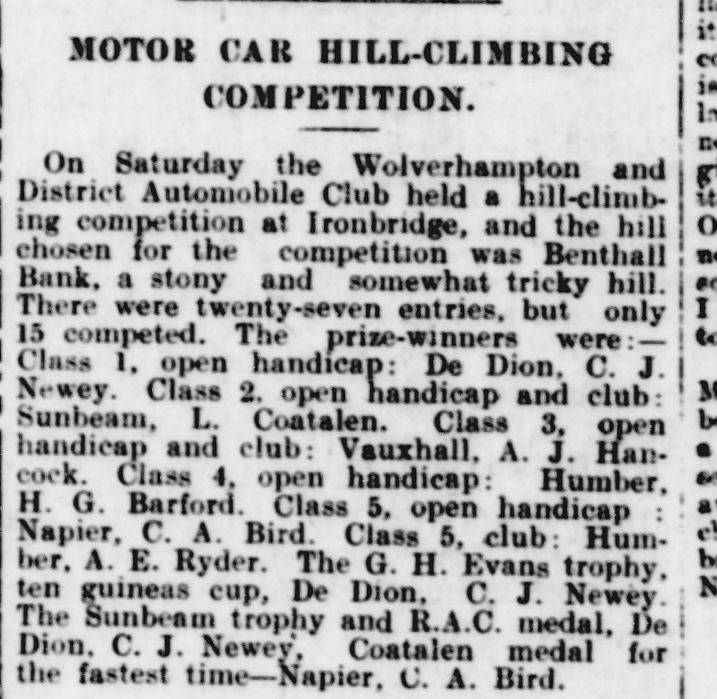 Ludlow Advertiser report of the July 1911 motor car hill-climbing competition