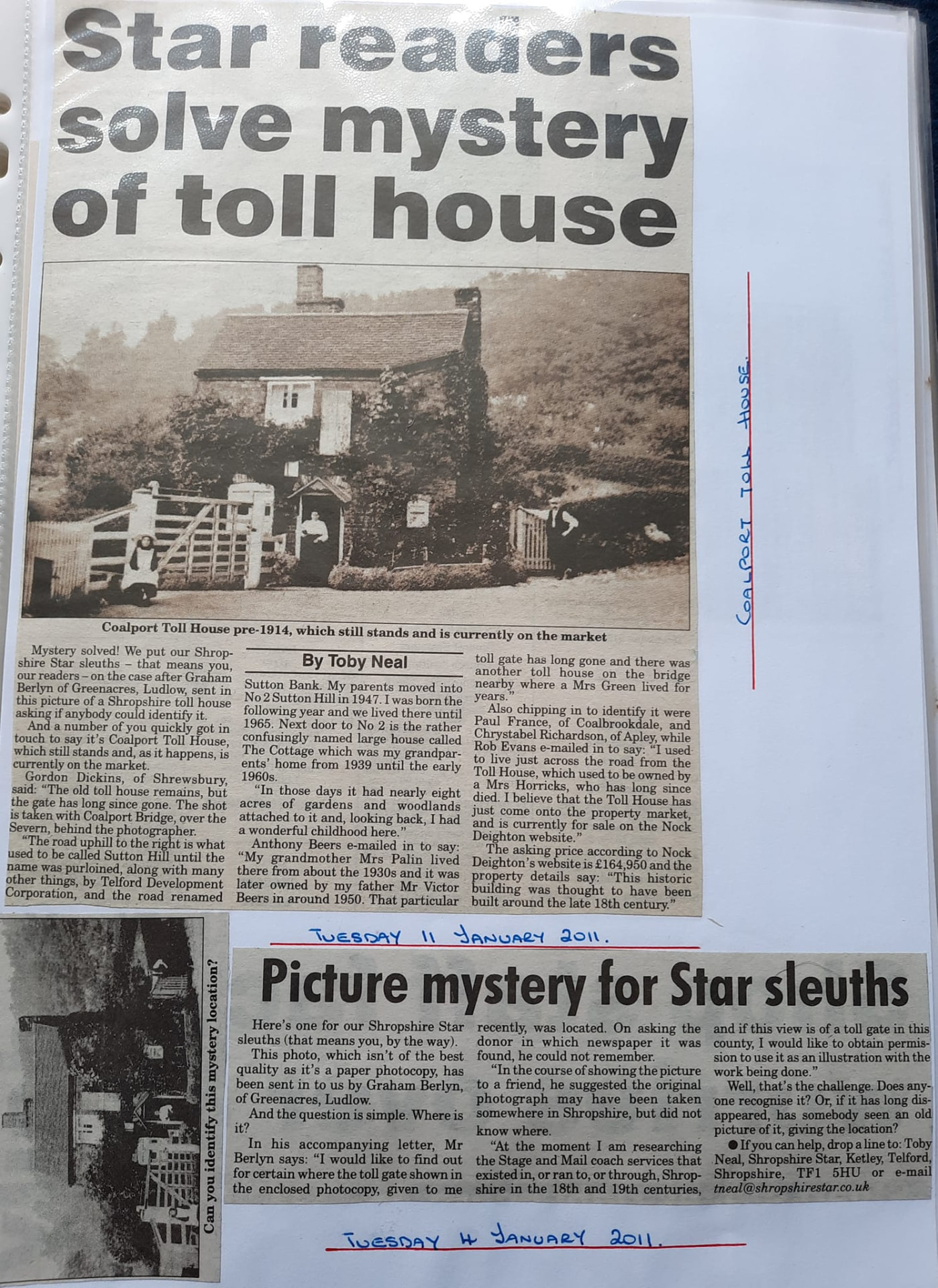“Star readers solve mystery of toll house” announces this Shropshire Star piece from 11 January 2011, resolving a picture puzzle set for its readers. Locals identified the building confidently as Coalport Toll House from before 1914, and several recalled by name the families who had once lived there.