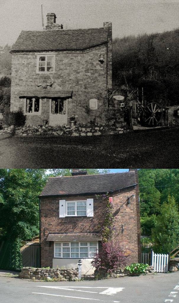 A then-and-now composite sets the toll house's derelict twentieth-century state directly beside its restored appearance today. Look at the wash house behind the main building in each half — it was largely rebuilt during the 1994–96 works, making it easy to underestimate just how much reconstruction this rescue actually involved.